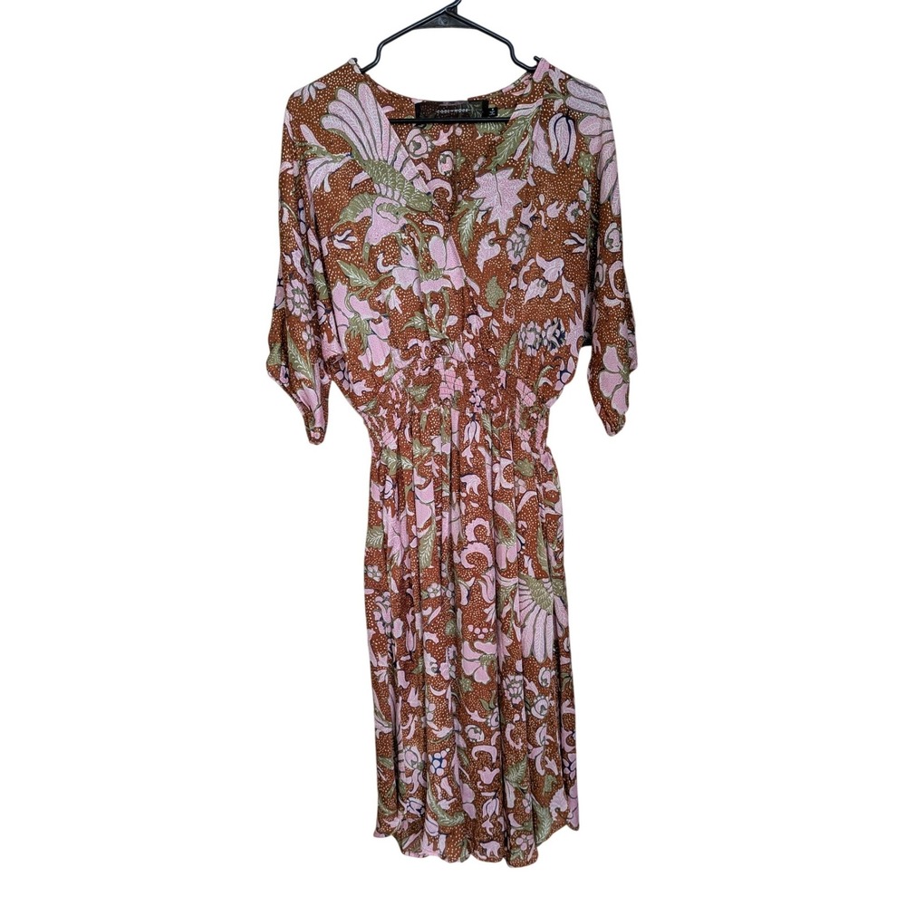 Code x Mode Brown Pink Floral Draped Boho Fairy Cottage Midi Dress Medium